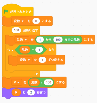 Scratch: 乱数1〜100を100回振って特定の目の割合を求める版