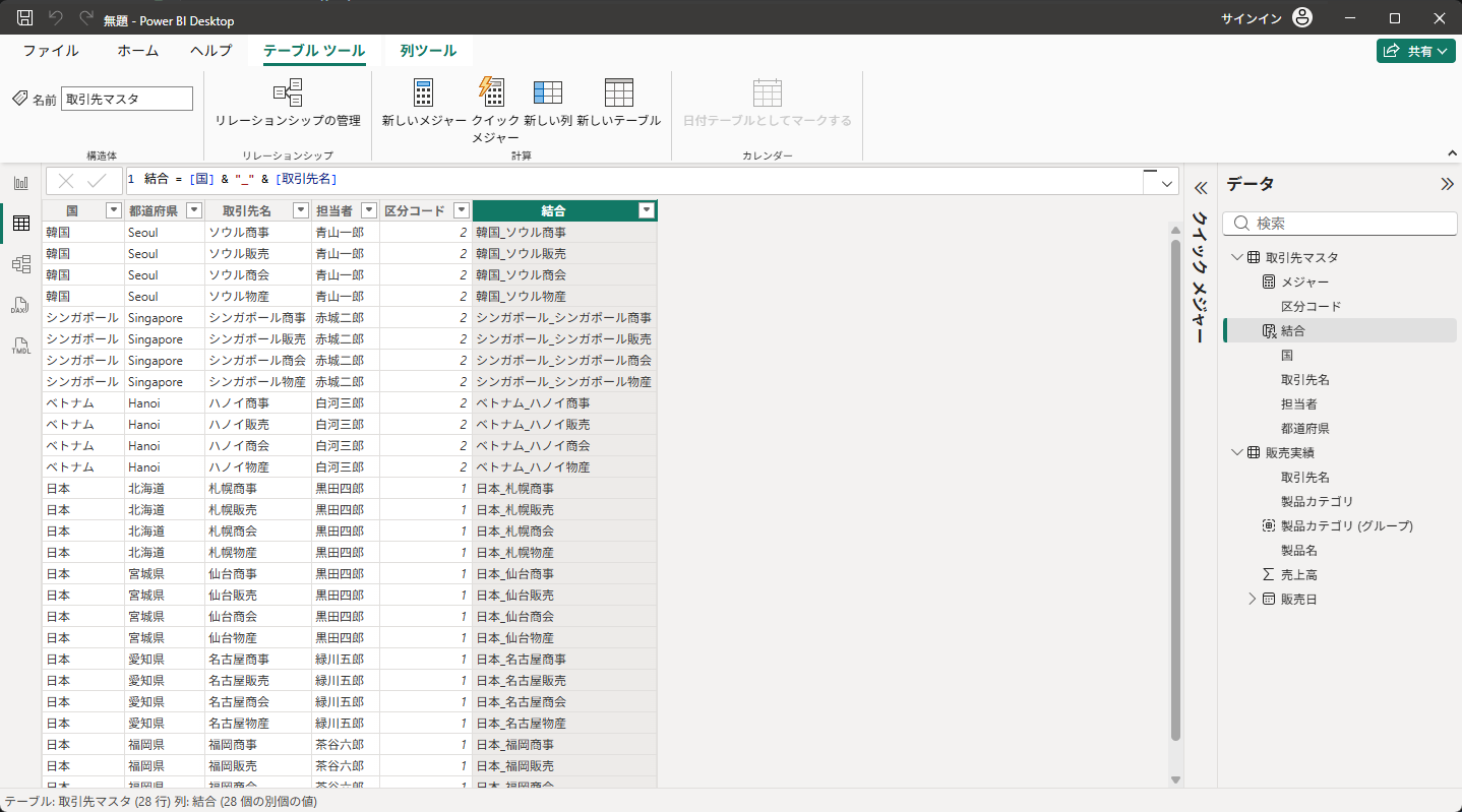 「国」と「取引先名」を結合した新しい列が作成された