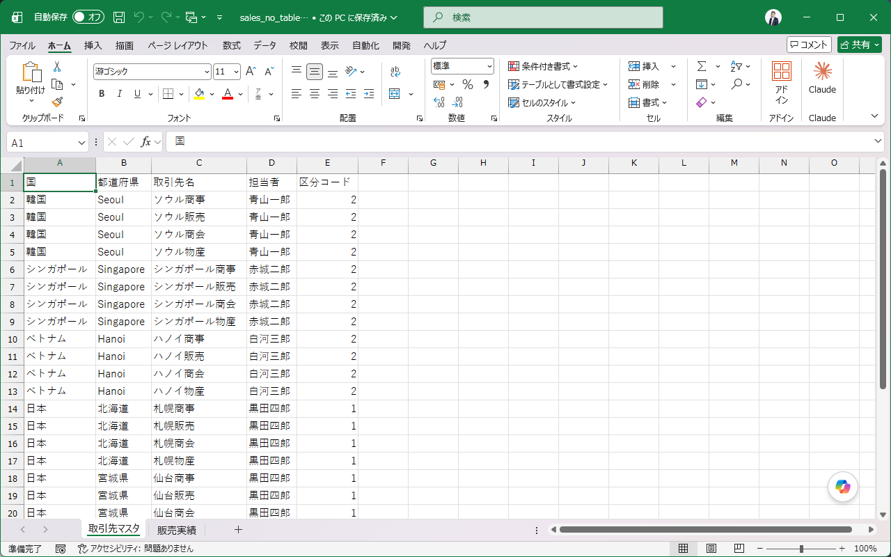 sales_no_table.xlsx の「取引先マスタ」シート。セルA1から始まる普通の表で、まだテーブル化されていない