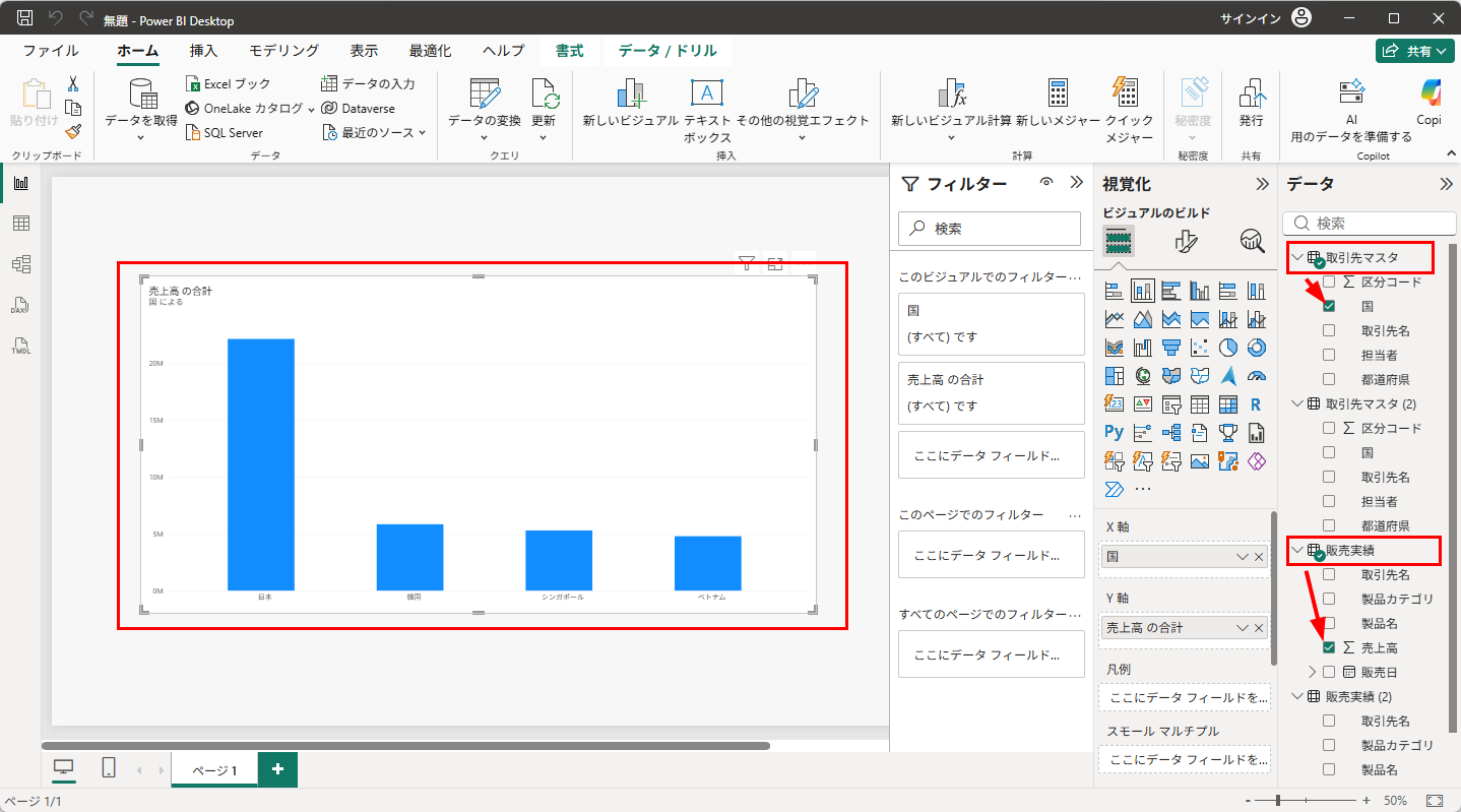 「取引先マスタ (2)」「販売実績 (2)」が追加されたが、グラフは旧データのまま