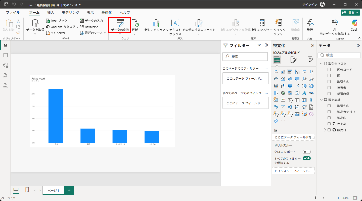 sales_old.xlsx で作った国別売上高グラフ。「ホーム」タブの「データの変換」をクリック