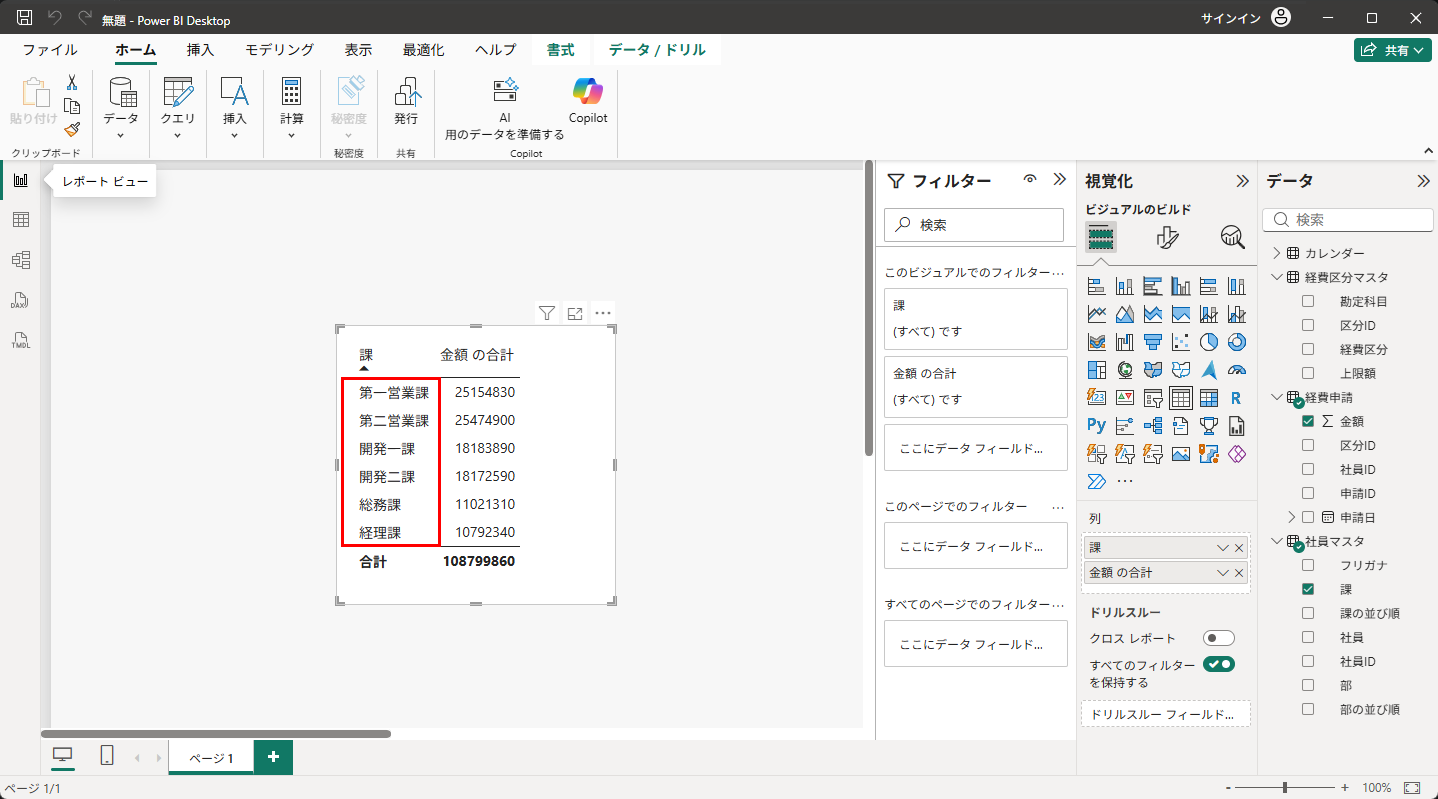 列で並べ替えの設定後。テーブルが第一営業課〜経理課の業務上の順番になった